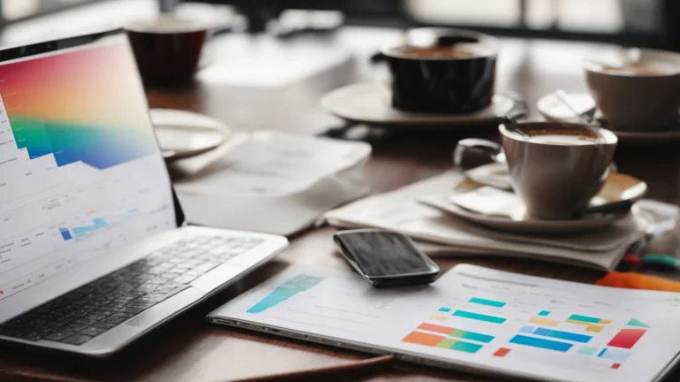 a laptop displaying colorful charts and data on a google sheets document, surrounded by a notepad and a cup of coffee.