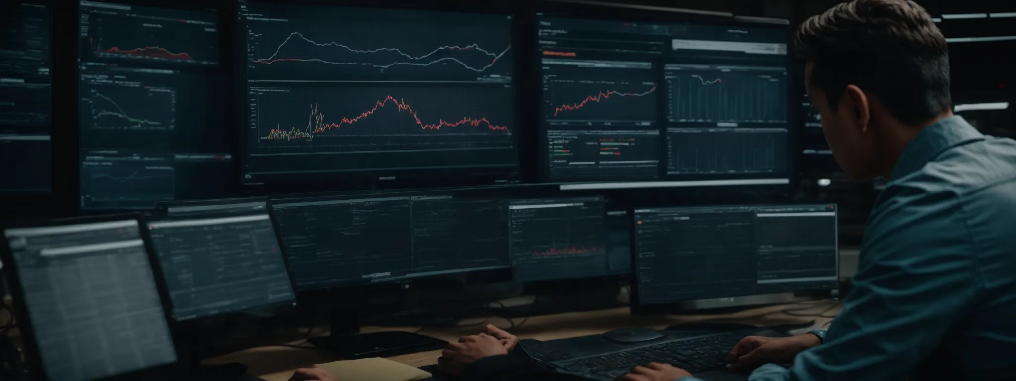 a marketer analyzes data on a computer dashboard, strategizing over an intricate graph of keyword performance.