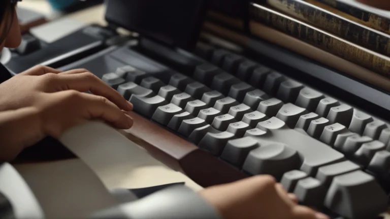 close-up of someone typing on a computer keyboard, surrounded by books on linguistics and language.
