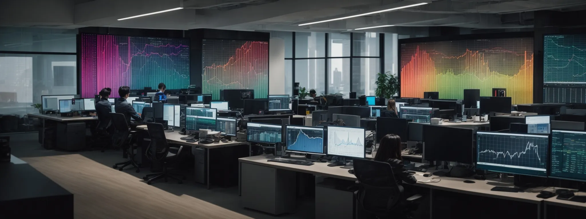 a modern office space with a person analyzing data on a large monitor displaying colorful analytics graphics.
