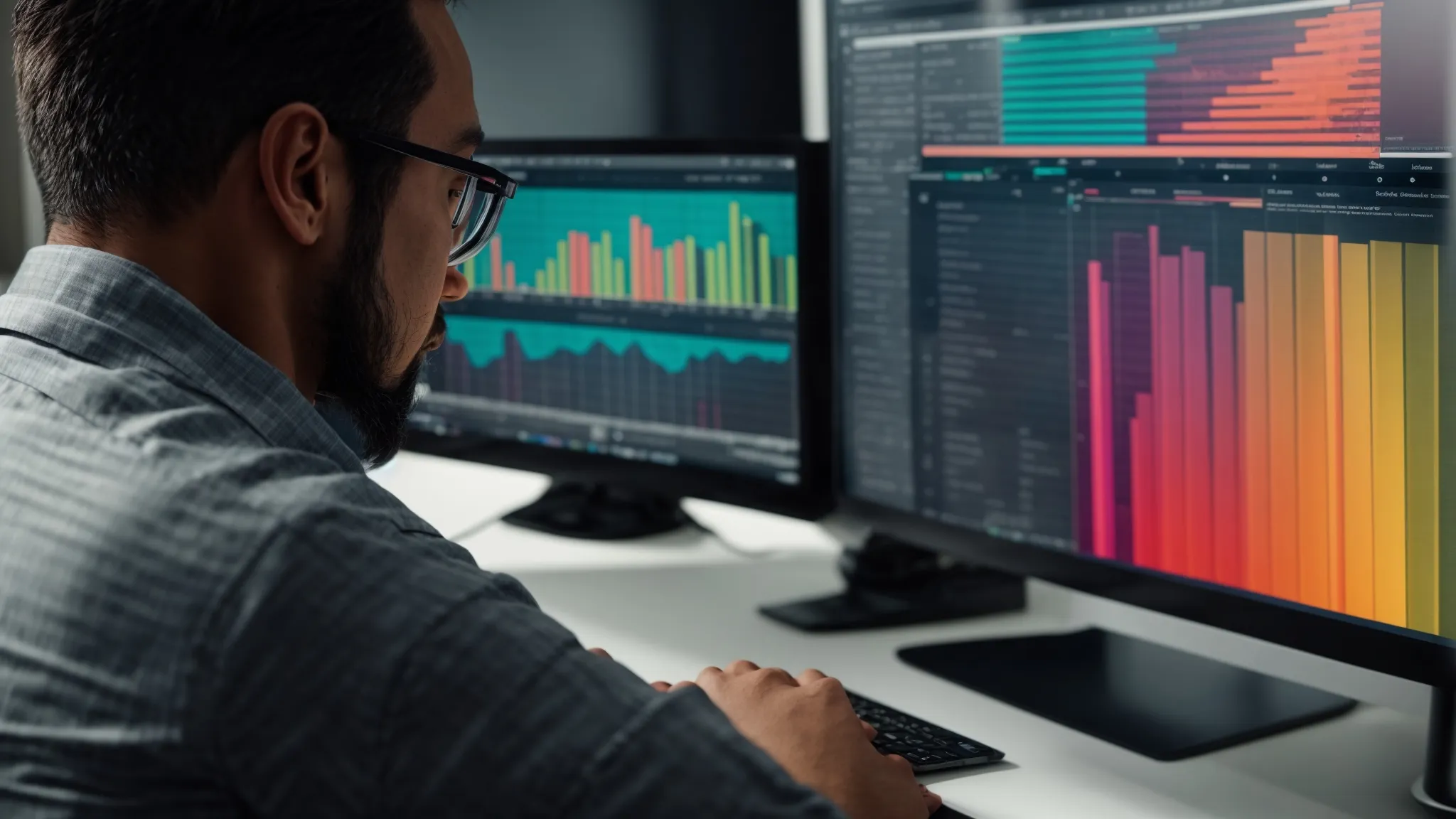 a professional reviewing colorful analytics graphs on a computer monitor, reflecting a dynamic seo strategy in action.