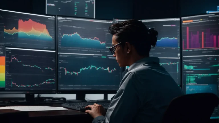 a person sitting at a computer, with colorful graphs and data analysis on the screen, representing the search for high-ranking amazon keywords.