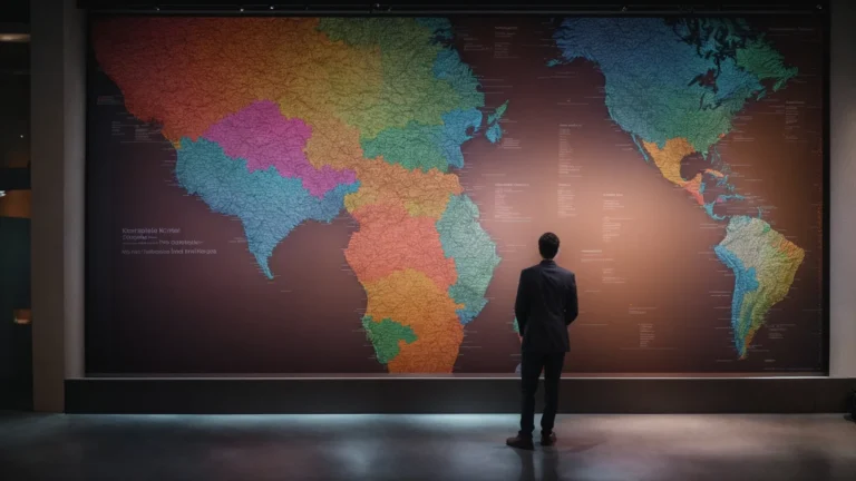 a person gazes at a large, interactive display showing a dynamic, colorful map of trending keywords across the globe.