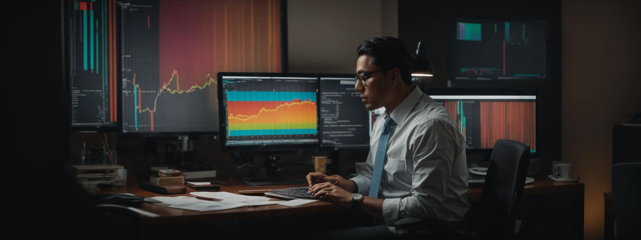 a marketer analyzing colorful graphs and data charts on a computer screen to fine-tune a ppc campaign.