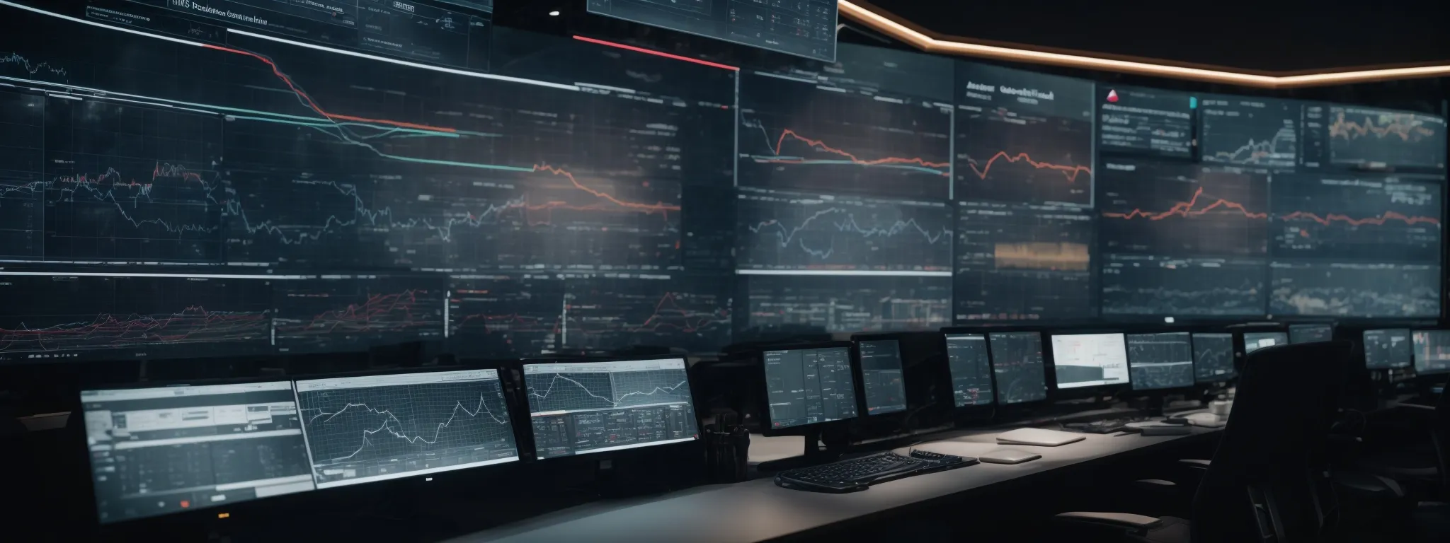 a futuristic control center with expansive displays showing graphs and data analytics for seo optimization.