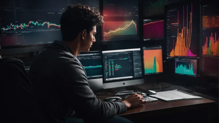 a person sits at a computer with colorful graphs and keyword lists on their screen, analyzing the data for amazon product optimization.
