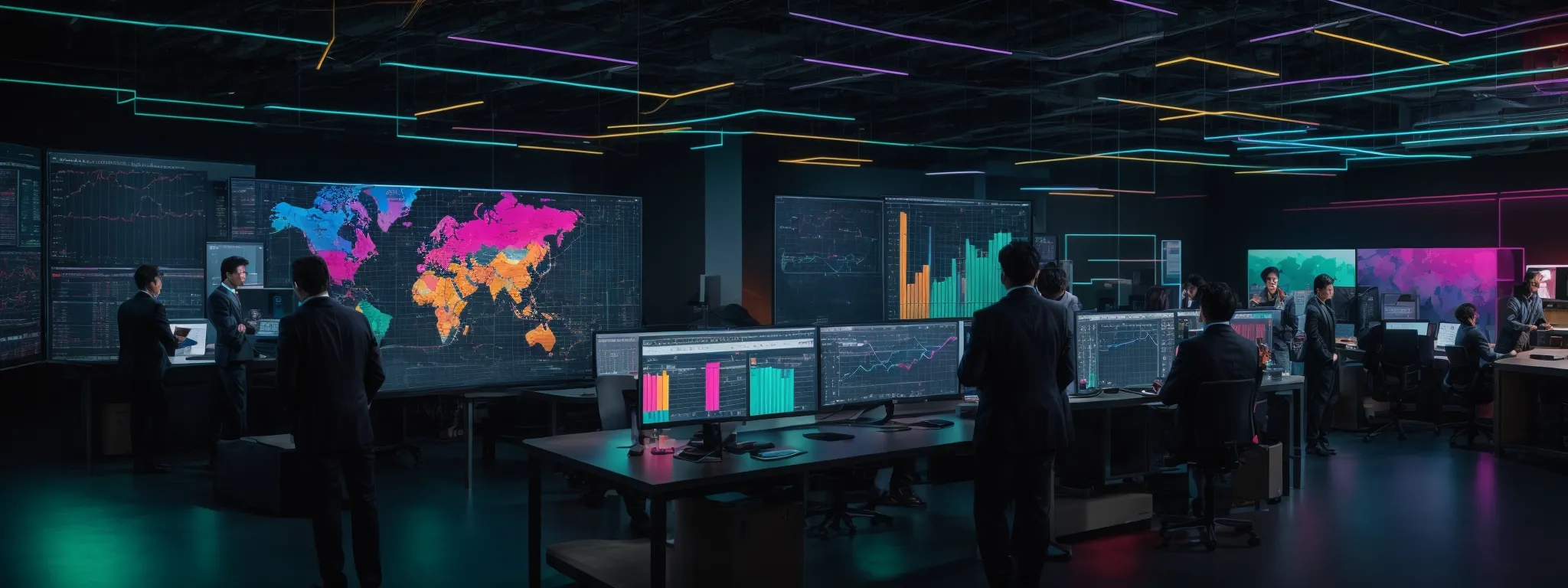 a diverse team of professionals collaboratively brainstorming around a large, glowing computer screen displaying colorful data analytics charts.