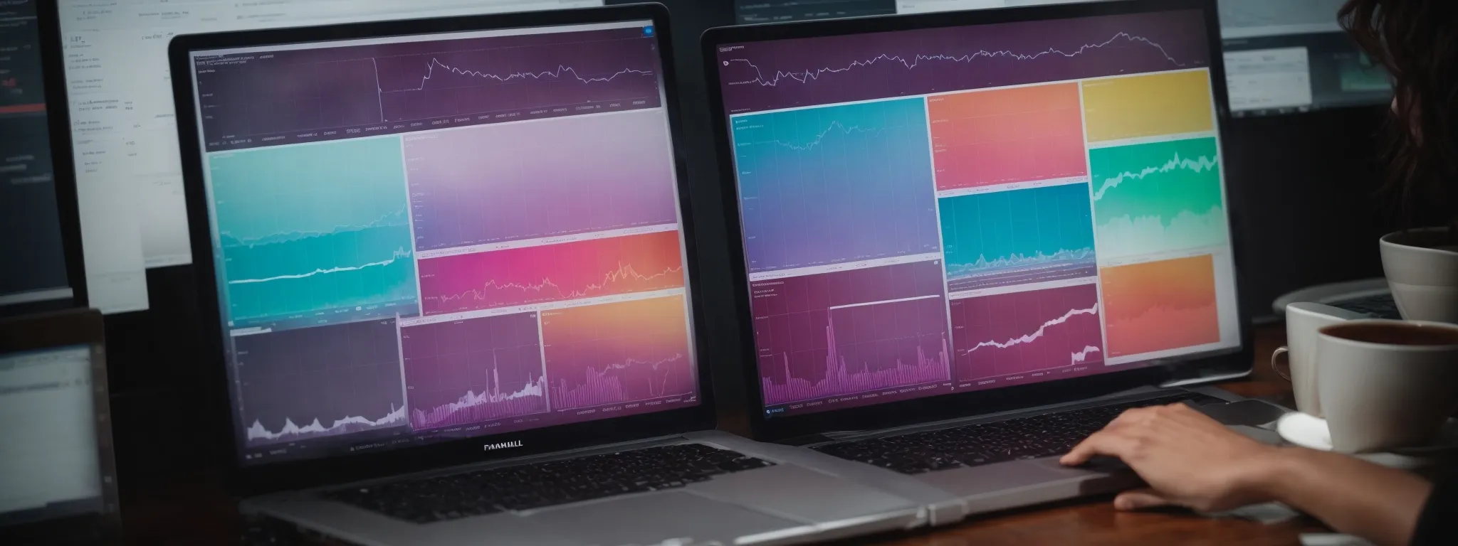 a person analyzing colorful pie charts and bar graphs on a computer screen, reflecting a deep dive into seo keyword analysis.