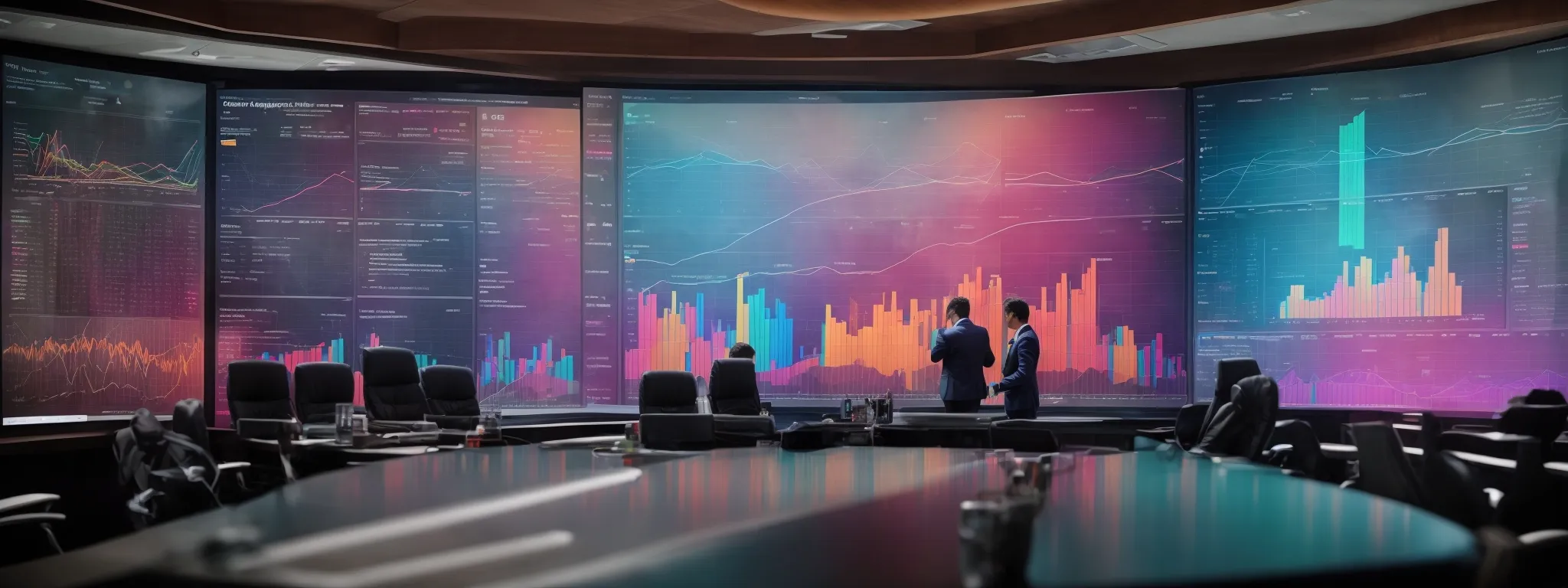 a conference room with a large screen displaying colorful data analytics graphs during a digital marketing strategy session.