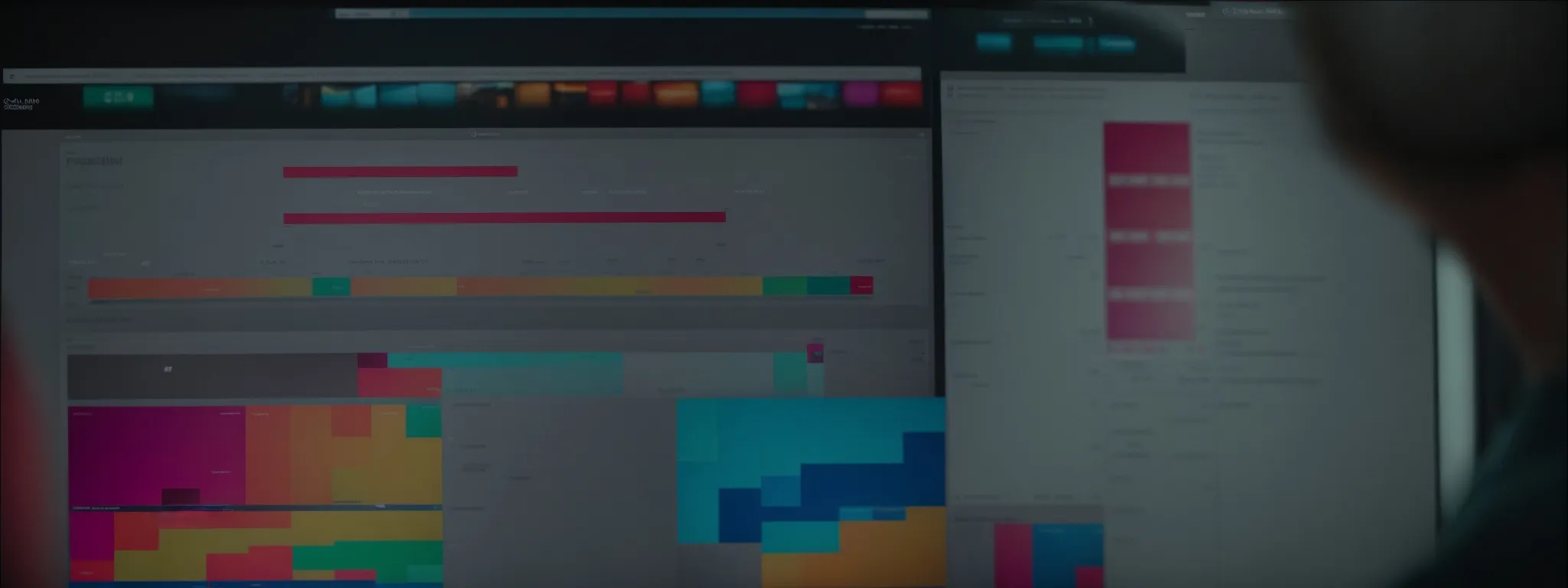 a marketer reviews a colorful pie chart on a computer screen displaying various keyword performance metrics.