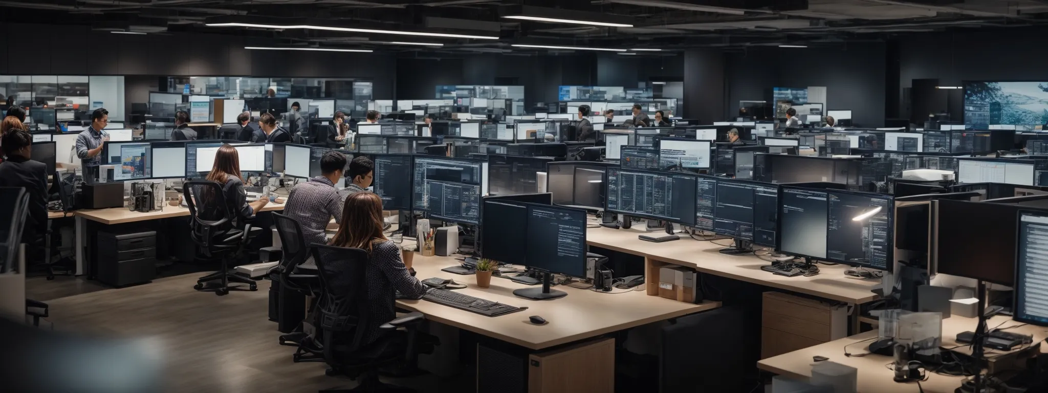 a panoramic view of a bustling digital marketing office with diverse professionals intently focused on analyzing large data-filled monitors.