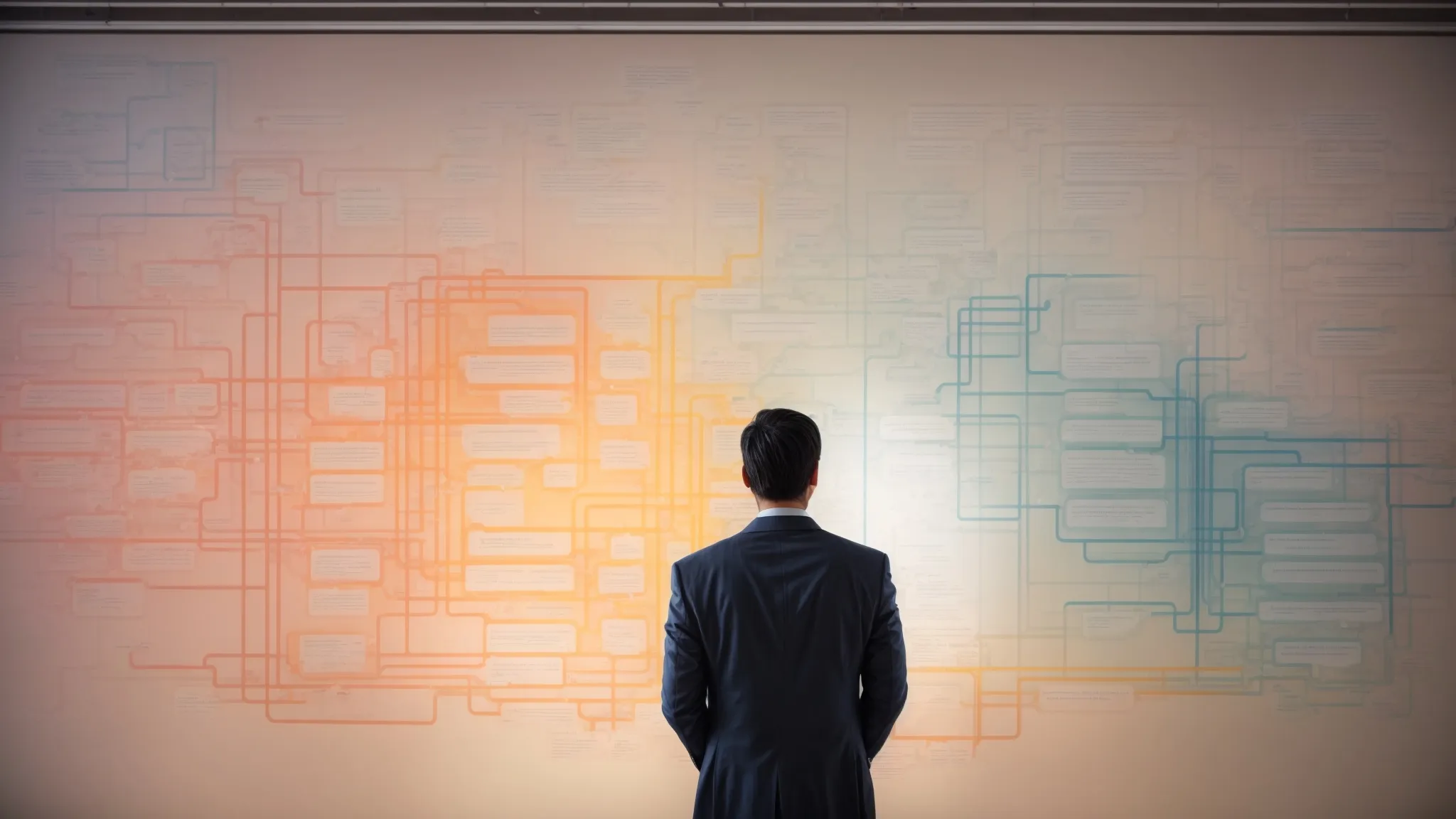 a person intently studying a large, colorful flowchart on a wall, illuminating the interconnected pathways of seo keyword optimization strategies.