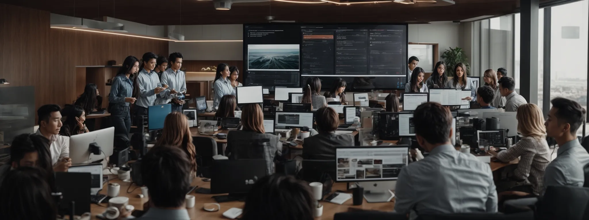 a dynamic team collaboratively brainstorming around a high-tech digital workspace with searchatlas on their screens, optimizing seo strategies.