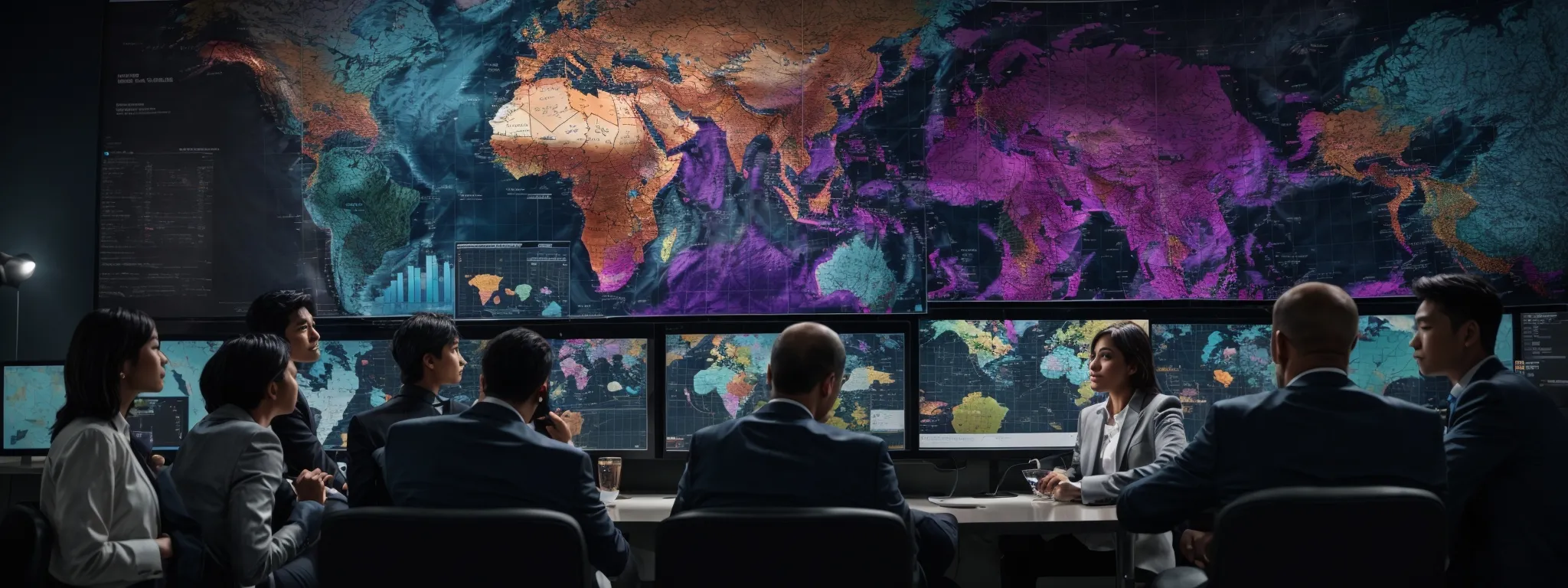 a diverse group of professionals examines a large screen displaying colorful analytics graphs and global maps highlighting various regions.