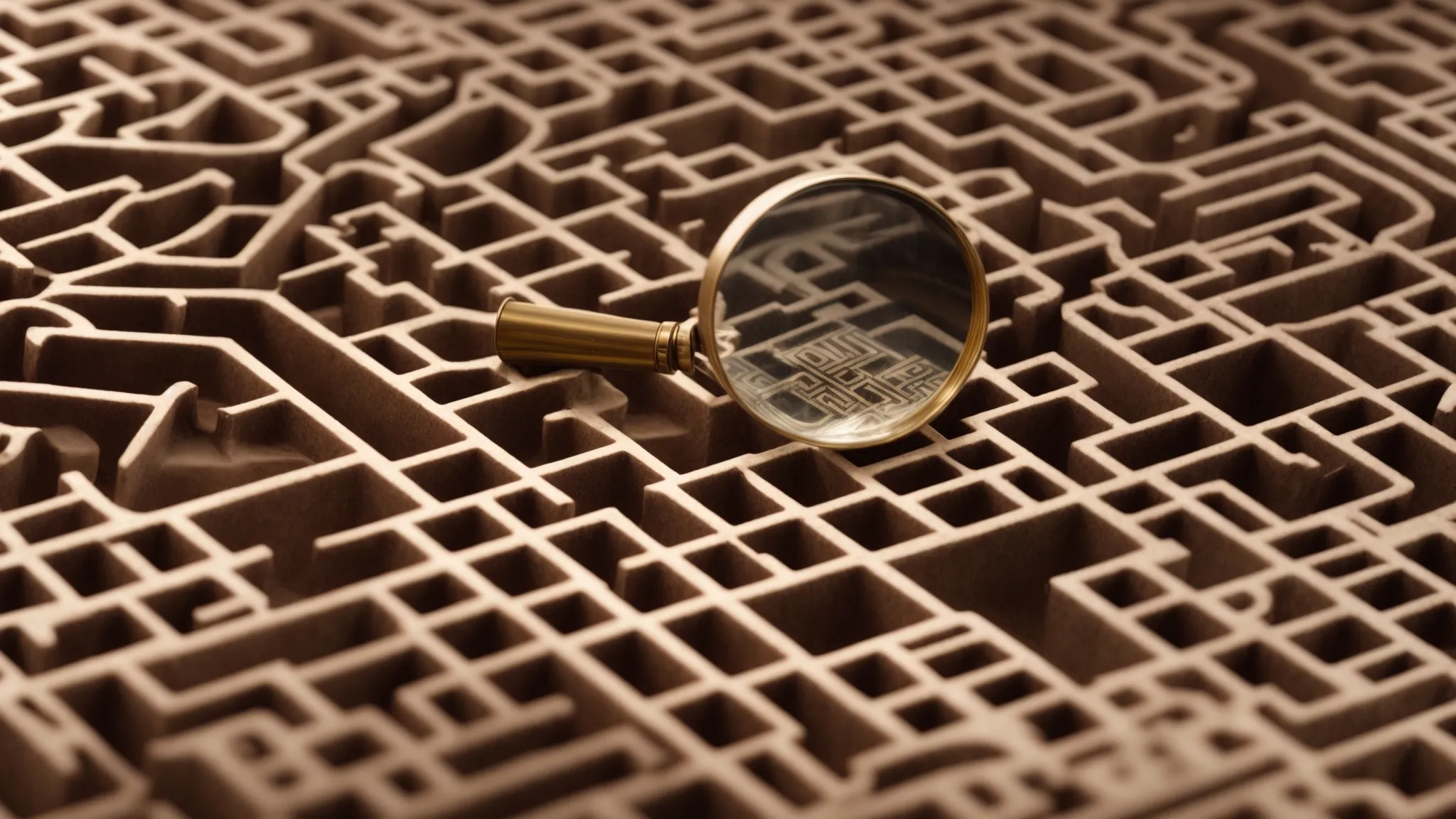 a magnifying glass resting on a maze, suggesting intricate search and discovery.