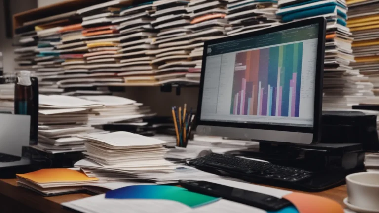 a focused individual surrounded by pages of research material and a computer with colorful seo analytics on the screen.