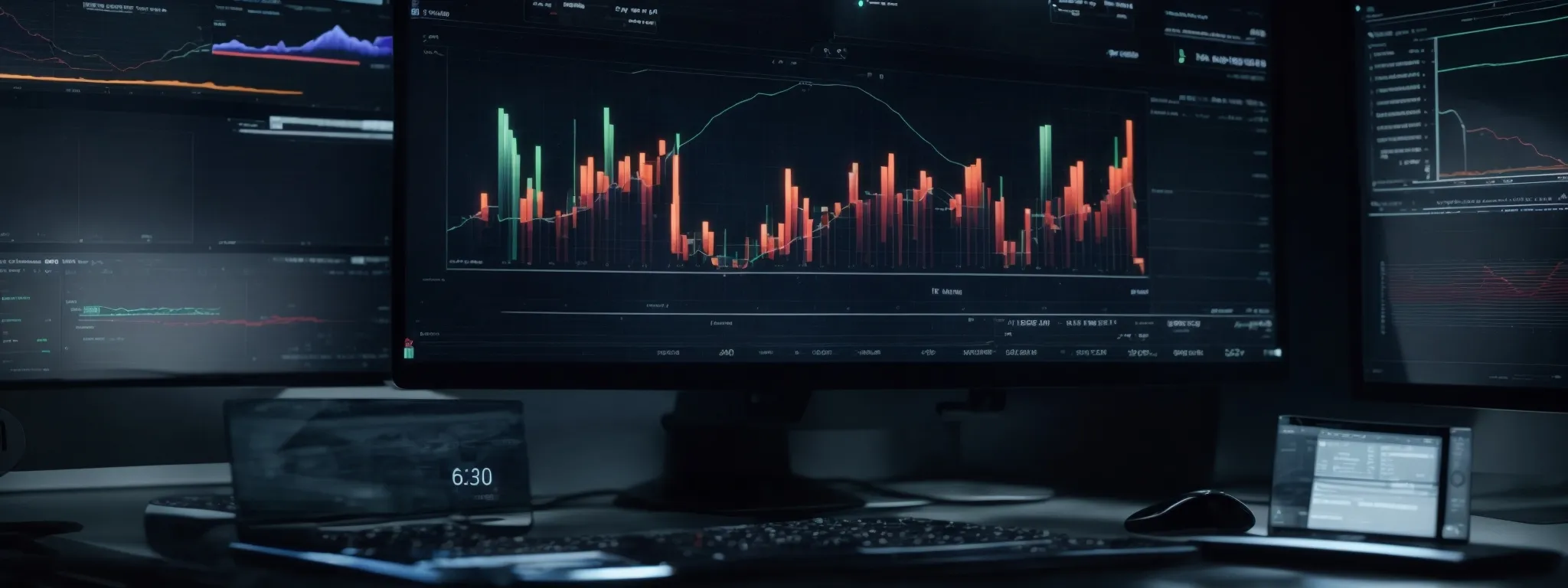 a glowing computer screen displaying graphs and analytics to signify strategic digital marketing and seo optimization.