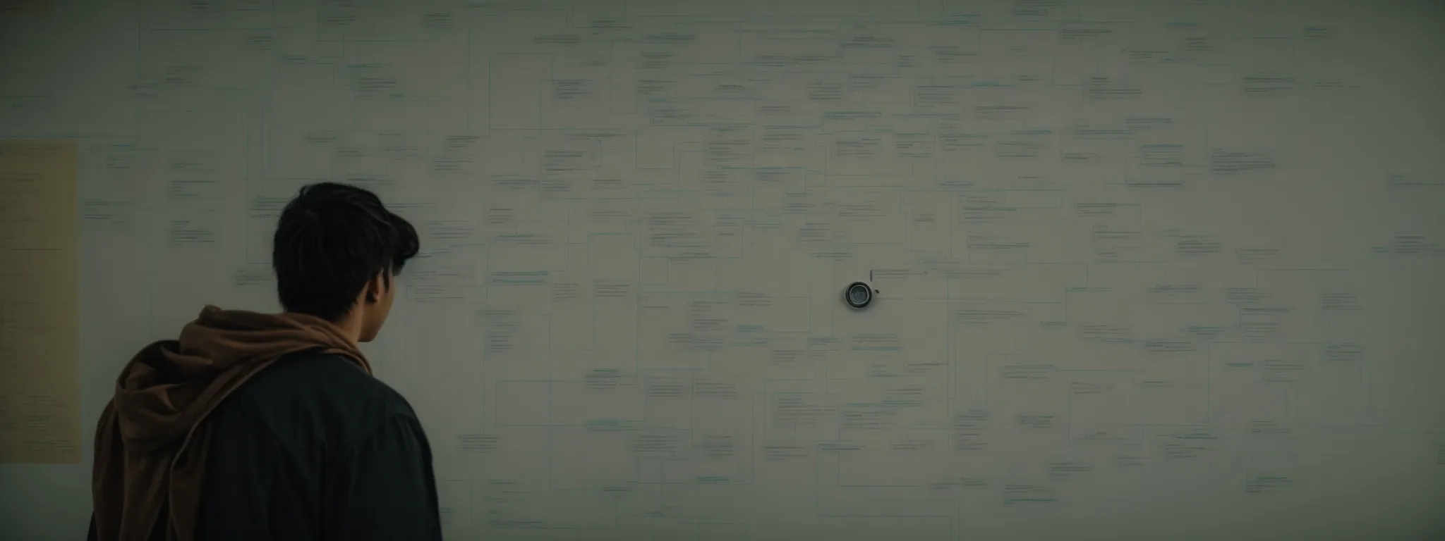 a person intently studying a large, complex flowchart that represents different search queries and pathways.