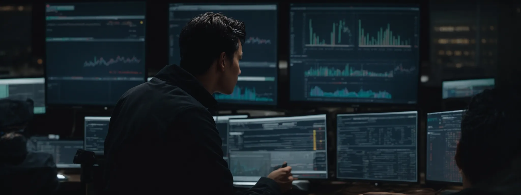 a focused individual explores real-time data analytics on a computer screen, reflecting a dynamic digital marketing strategy.