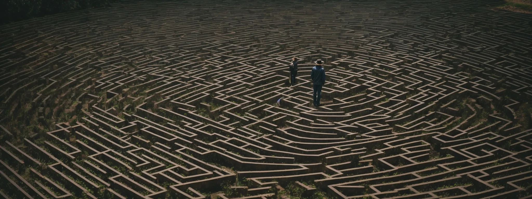 a person standing at the entrance of a maze constructed from web-like interconnected paths with occasional signposts highlighting various keywords.