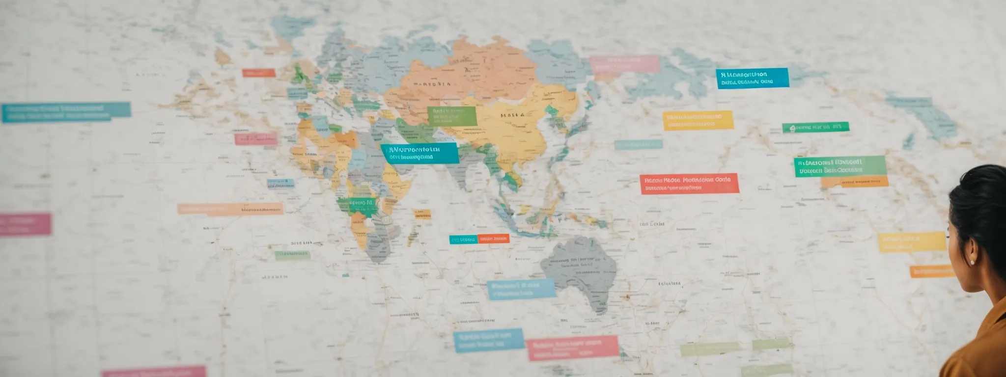a person reviewing a world map dotted with colorful markers linked by various multi-language keywords floating around, symbolizing global keyword research.