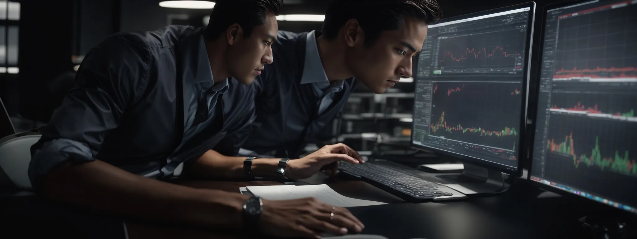 a businessperson analyzing graphs on a computer screen, reflecting a thorough competitor keyword research.