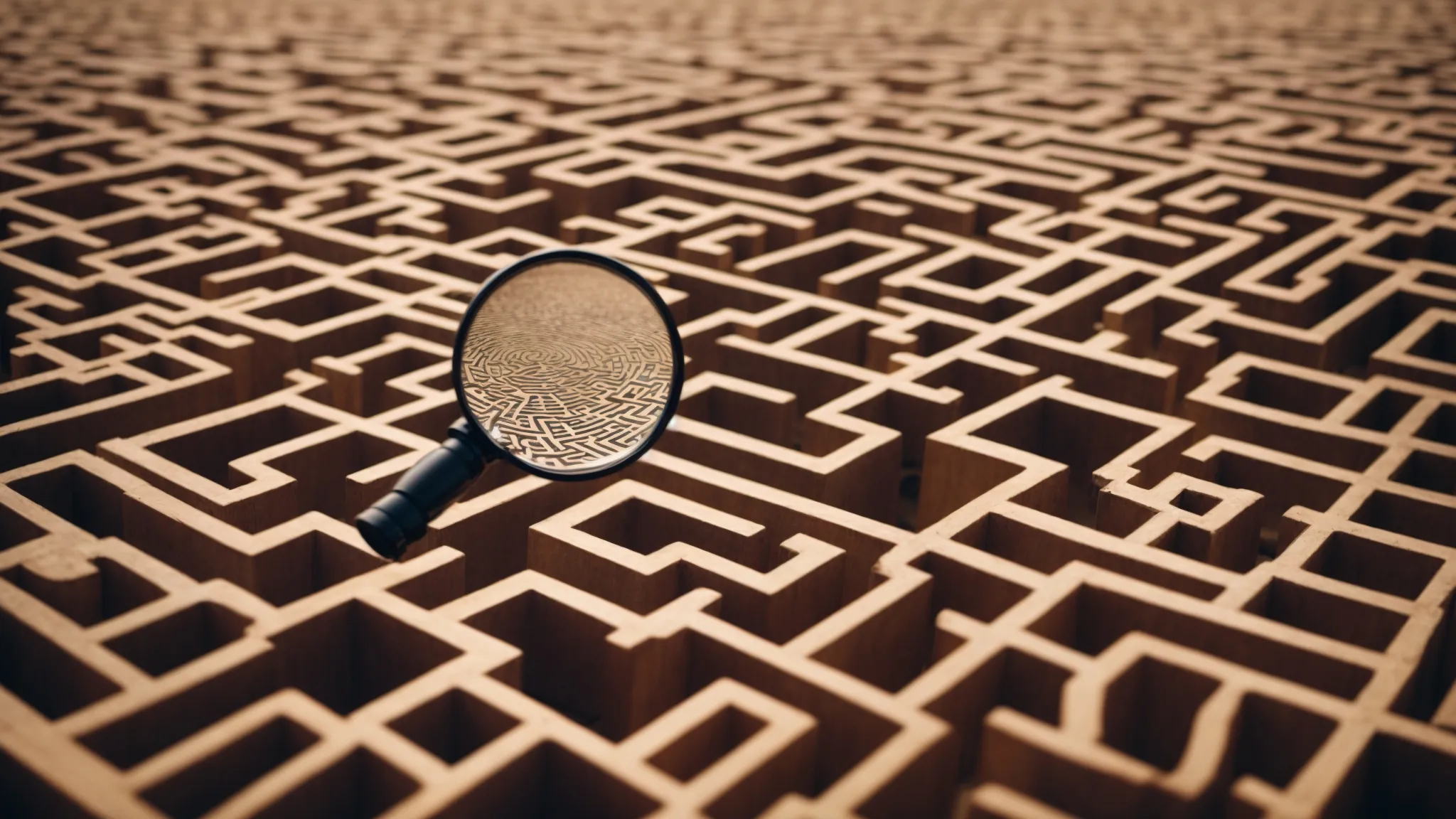 a person using a magnifying glass to focus on a detailed path within a large maze, symbolizing targeted strategy in a vast field.