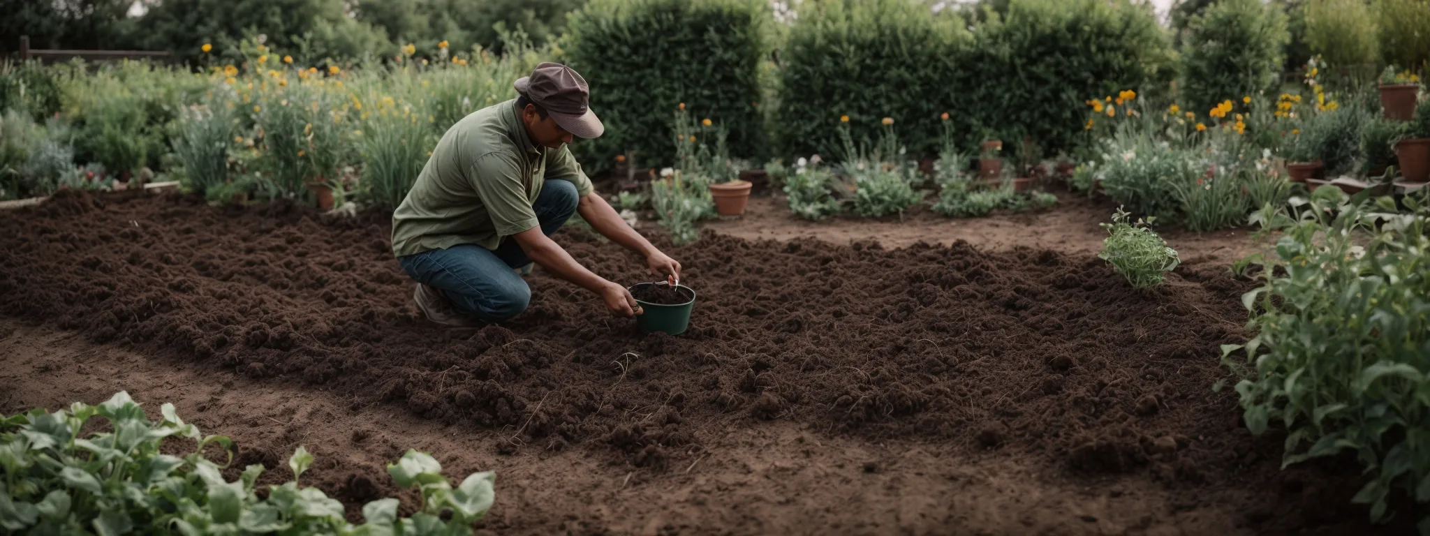 a gardener kneels on the ground, carefully planting seeds in a neatly tilled garden bed.