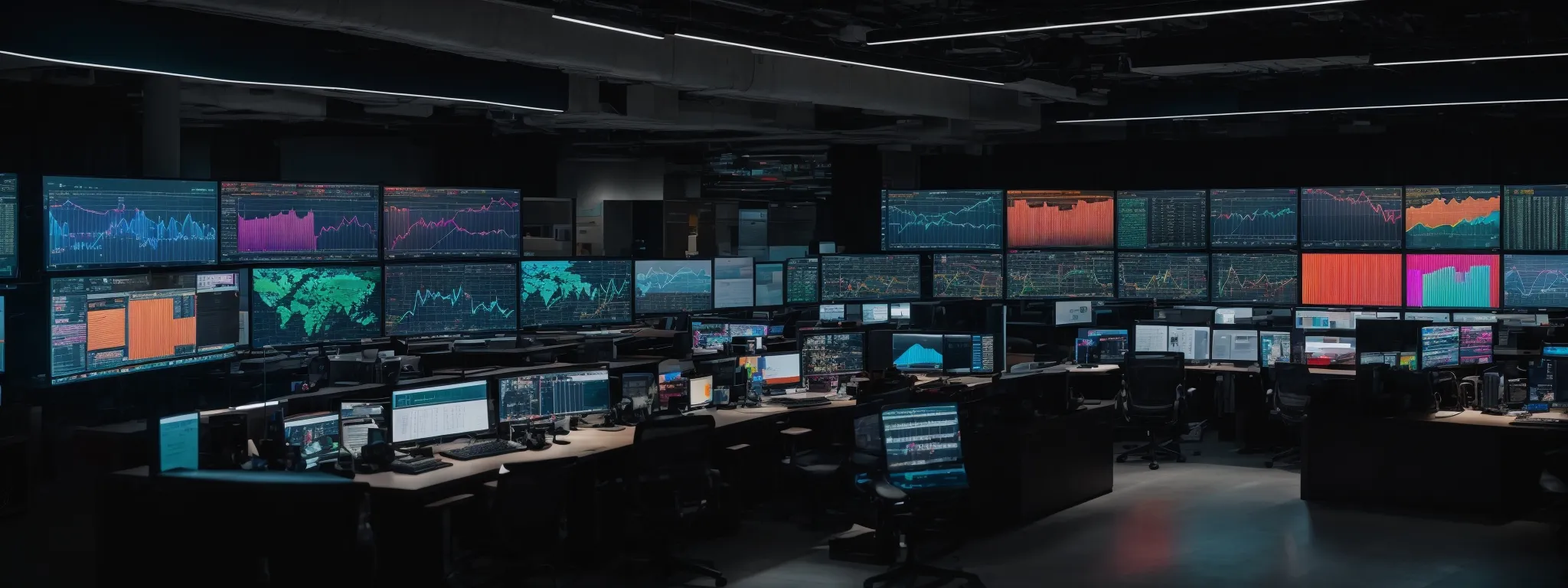 an expansive command center with multiple monitors displaying colorful data analytics and graphs.