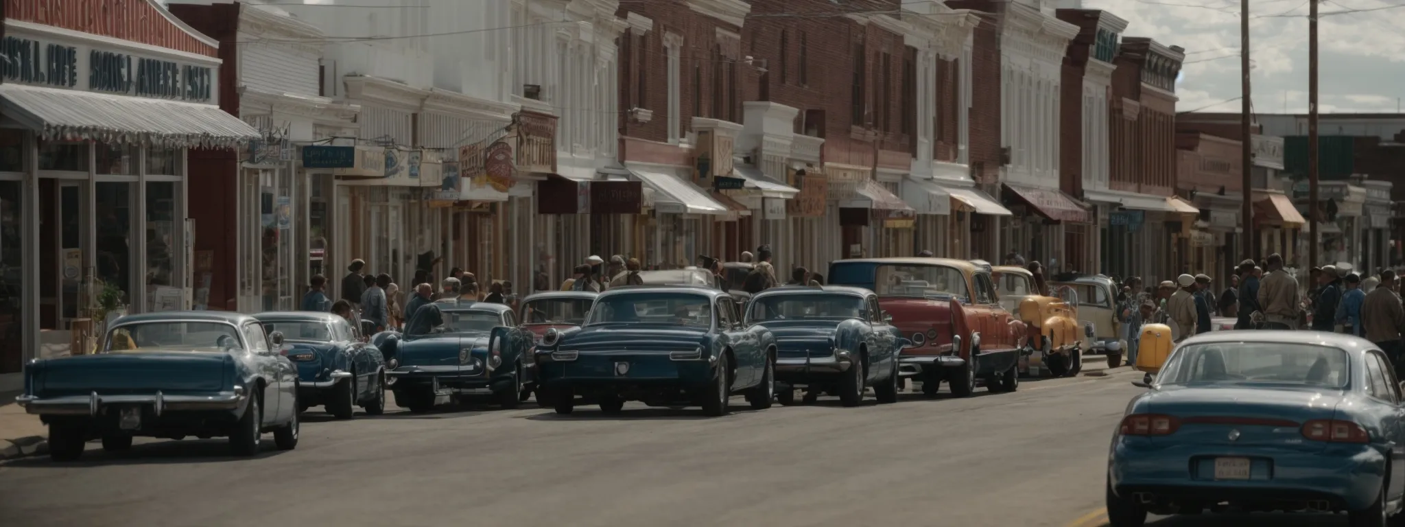 a bustling small town main street where local businesses thrive and community members engage in daily activities.