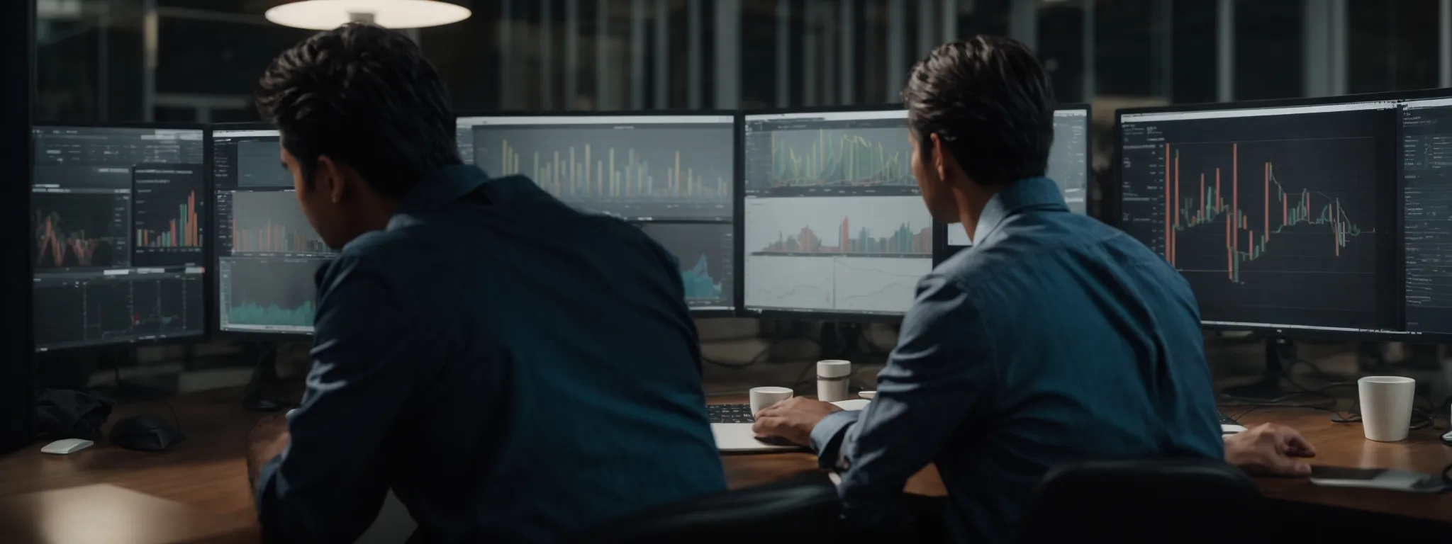 a marketing team intently focuses on a computer screen, showcasing graphs and analytics, as they strategize their seo approach.