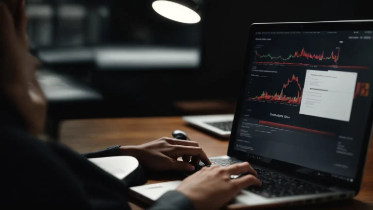 a person clicking on a laptop with a webpage open to a dashboard displaying keyword analysis graphs and charts.