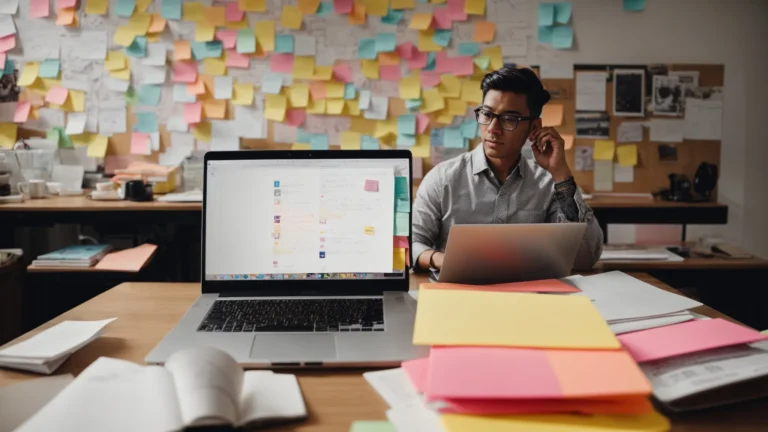 a person sitting at a desk with a laptop open, surrounded by marketing books and a whiteboard with colorful sticky notes.