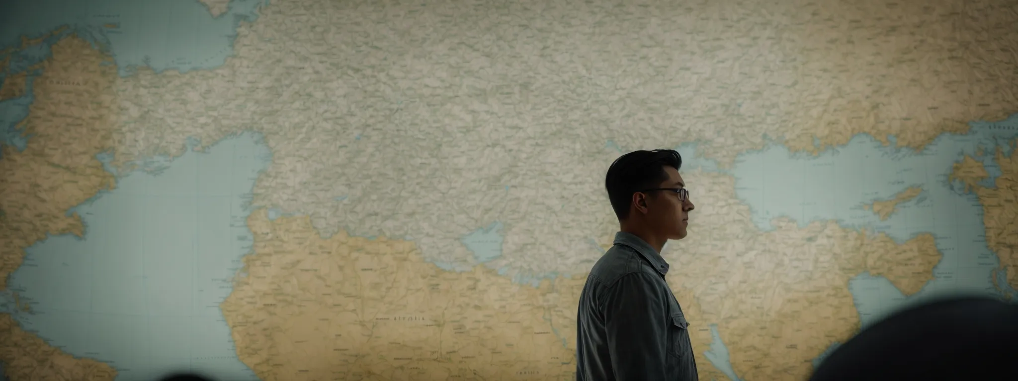 a strategist contemplates a large, intricate map on a screen, plotting points that symbolize keywords in a digital marketing landscape.