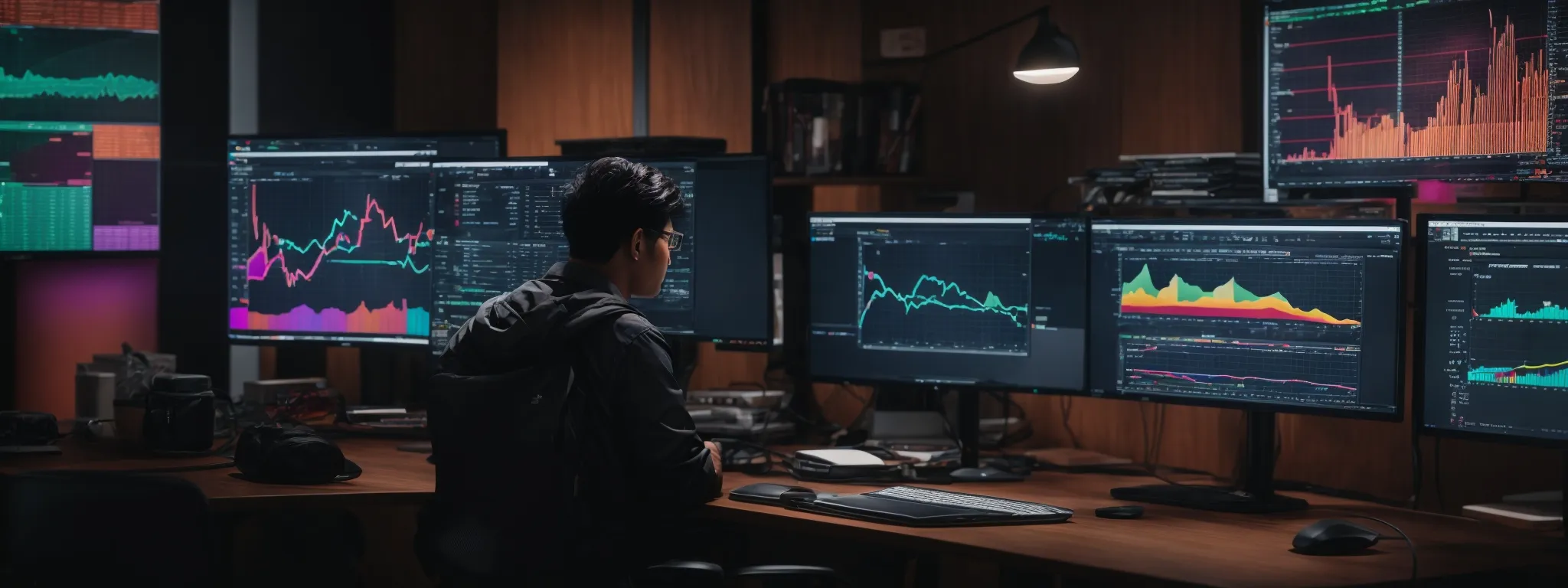 a single person sitting at a modern desk with multiple computer screens displaying colorful seo analytics charts and graphs.