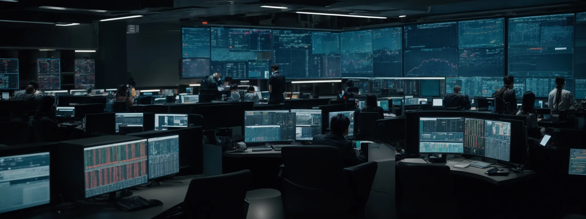a high-tech control room with analysts studying multiple computer screens displaying search engine results.