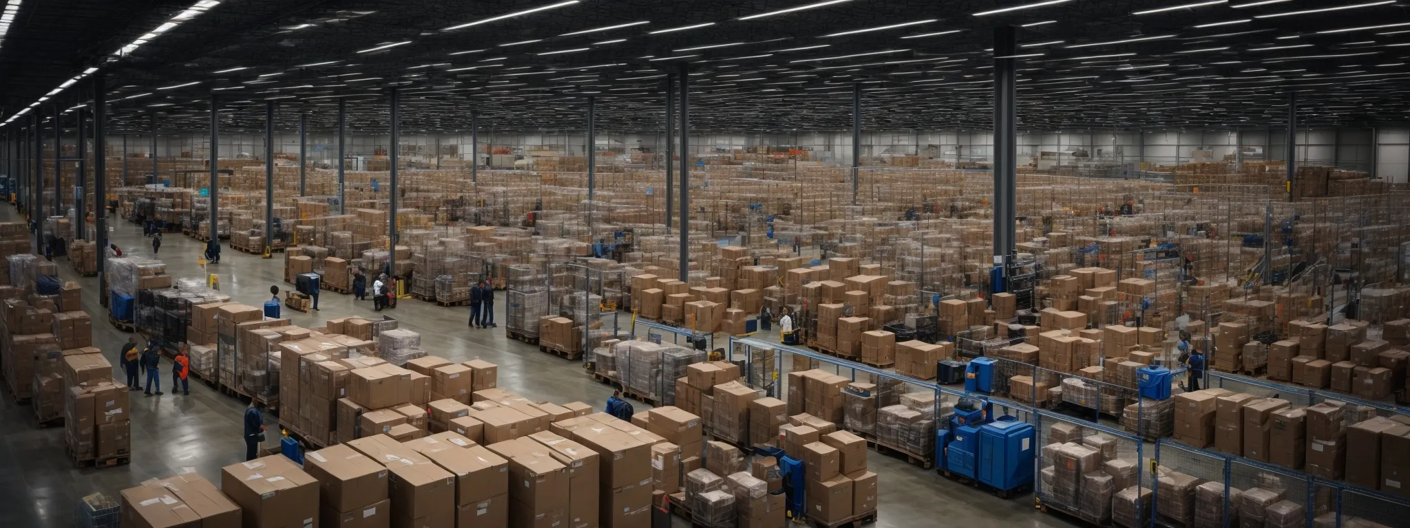 a bustling amazon warehouse with bins full of products and busy workers fulfilling online orders.