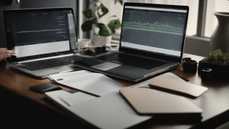 a person typing on a laptop with a graph analysis on the screen and a notepad beside it.