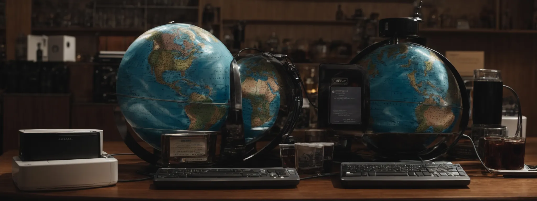 a globe surrounded by various digital devices displaying search bars with different language settings.