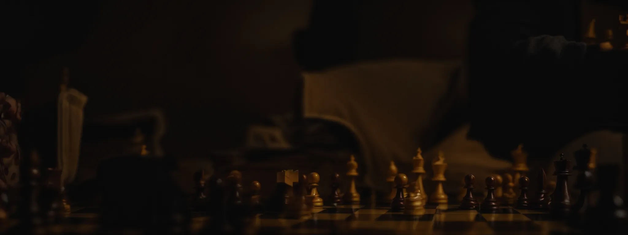 a person thoughtfully arranging chess pieces on a board under spotlights.