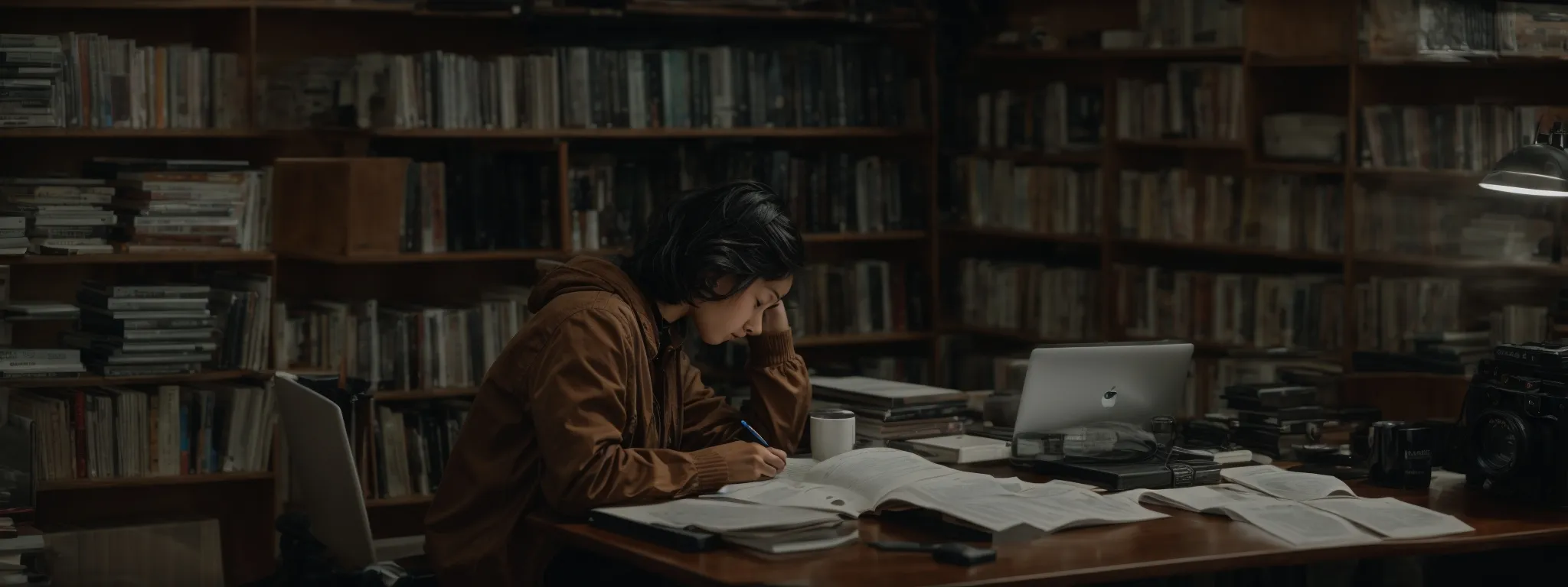 a person sitting at a computer, surrounded by books and notes, intently researching on the screen.