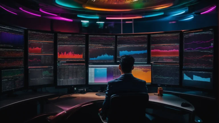 a person sits in front of a computer, analyzing a colorful, intricate dashboard displaying various keyword trends and metrics.