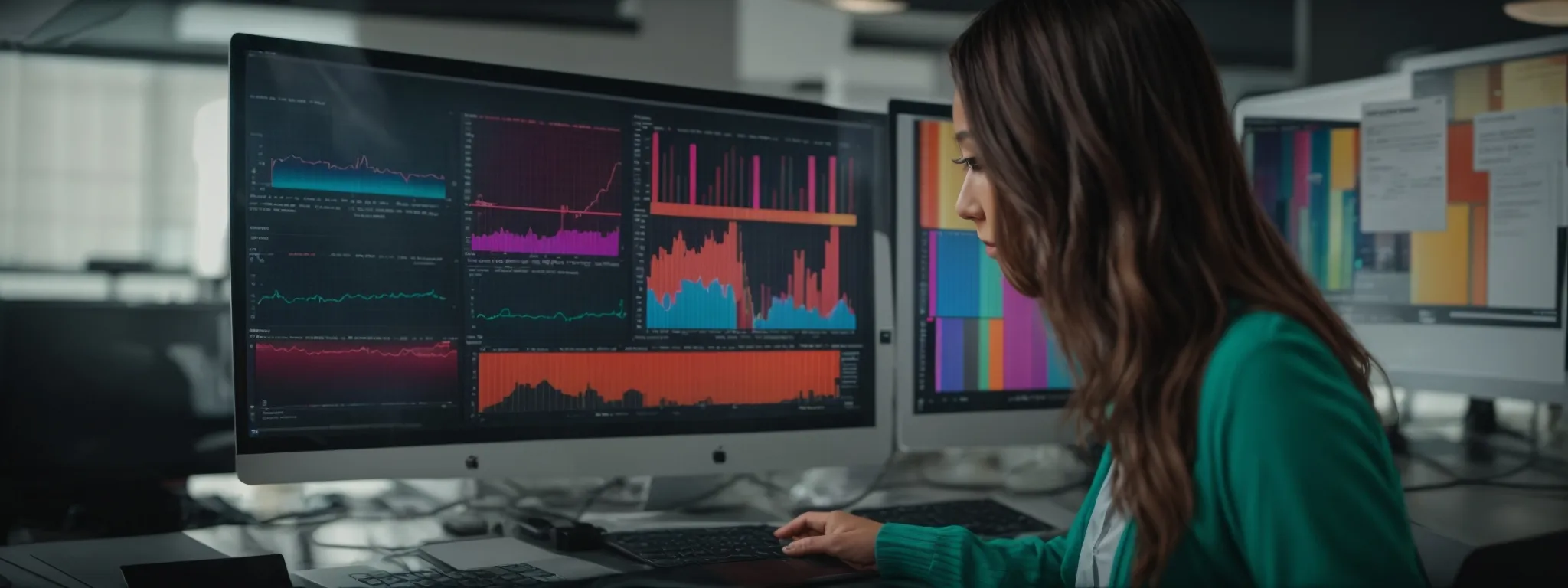 a marketer analyzes a colorful keyword data visualization on a computer screen in a bright, modern office setting.