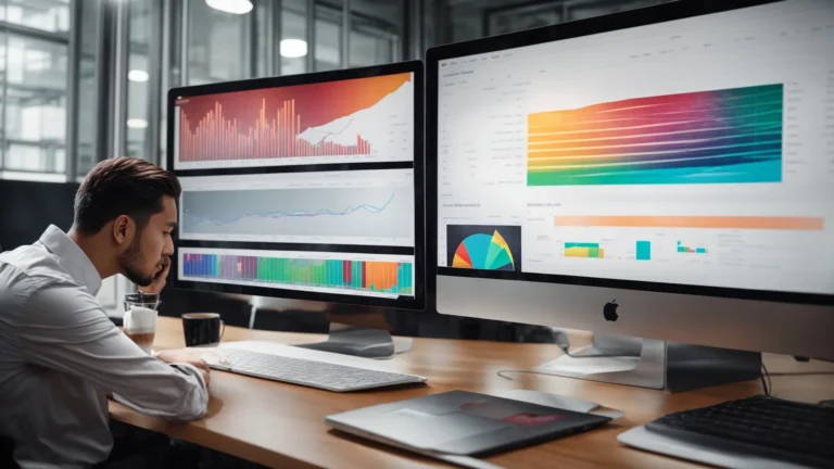 a person analyzing a colorful pie chart and a keyword trend graph on a computer screen in a bright, modern office.