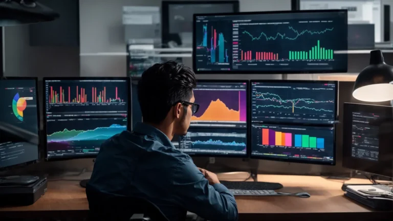 a person sits at a desk with multiple screens displaying colorful analytics charts and graphs, engrossed in social media metrics.