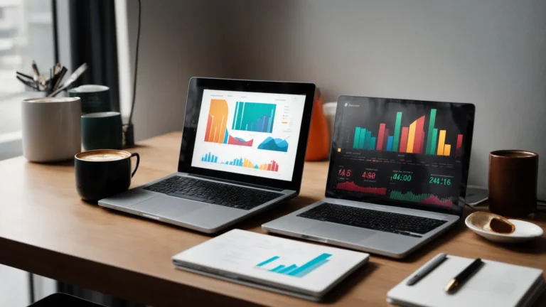 a laptop displaying colorful graphs and charts on keyword analysis next to a cup of coffee on a minimalist desk.