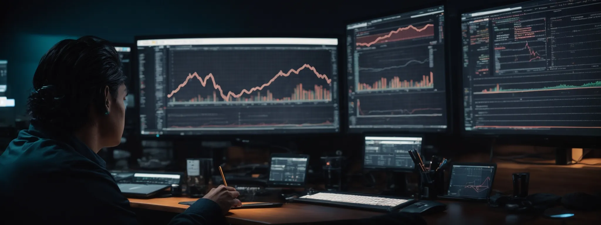 a person sits before dual computer screens featuring graphs and analytics, deeply focused on optimizing a website's seo strategy.