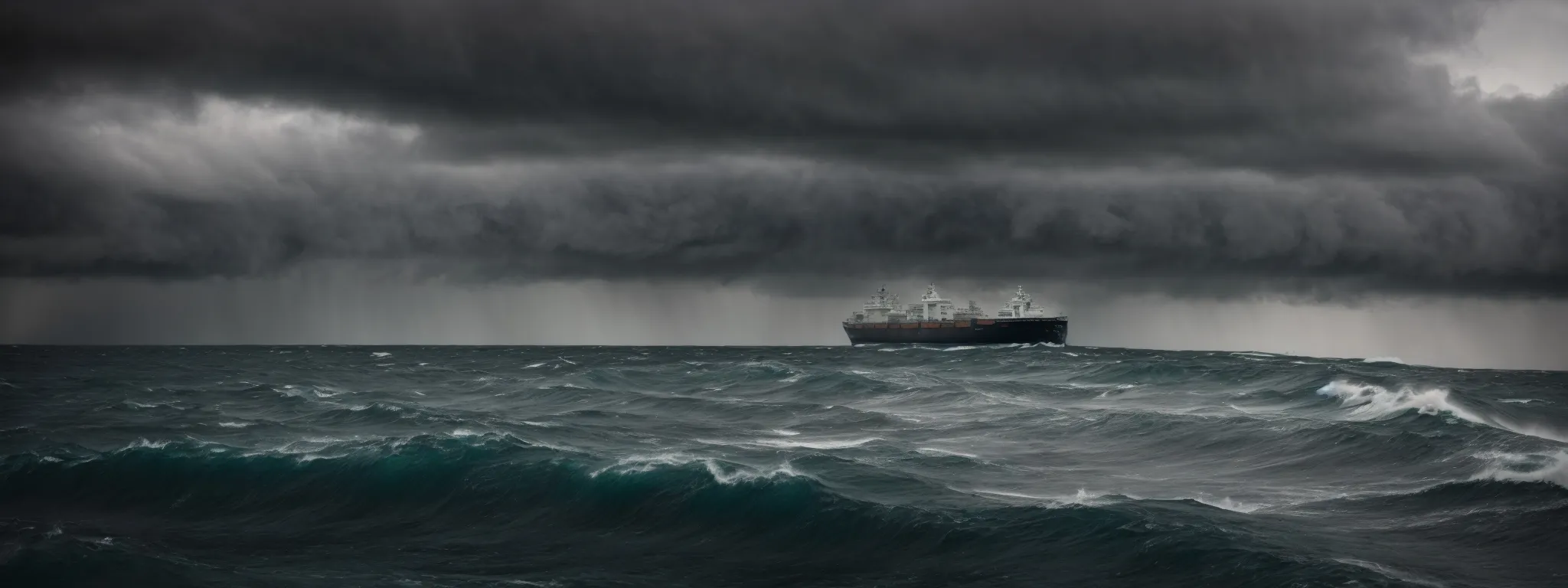 a ship carefully navigating through turbulent ocean waves under dark, ominous clouds.