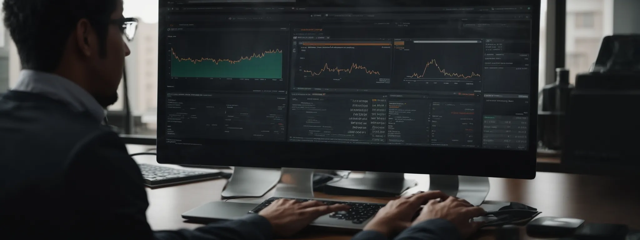a digital marketer reviews analytics on a computer screen, revealing a search trend graph amid seo tools and reports.