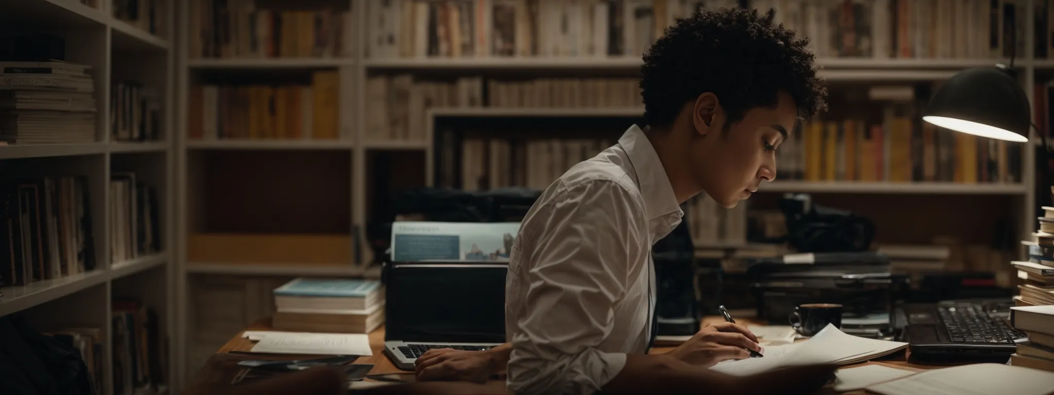 a person thoughtfully types on a laptop, surrounded by books and a notepad, illustrating strategic content creation.